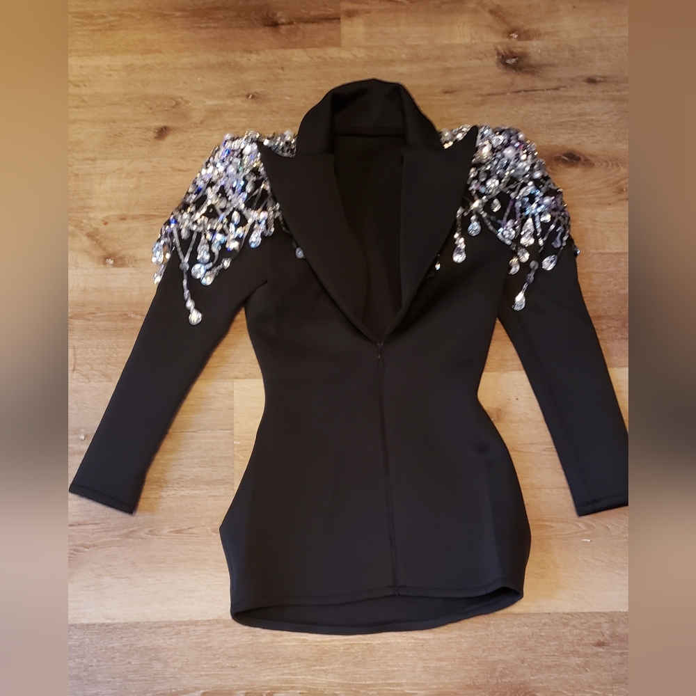 Zip Blazer Mini Dress with rhinestone drop jewel shoulders NWOT Sz Large